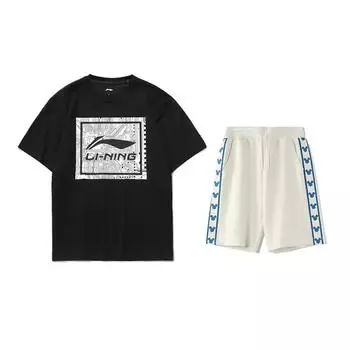 Футболка с круглым вырезом и короткими рукавами с принтом логотипа Li Ning Lifestyle, свободные удобные шорты, повседневный спортивный костюм AHSUA15-2+YKSV129-1 S
