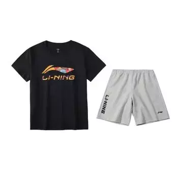 Футболка с круглым вырезом и короткими рукавами с принтом бренда Li Ning, вышитым логотипом и надписью, шорты до колена, повседневный спортивный костюм AHSU837-1+AKSU747-2 L