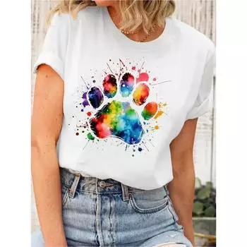 Футболка с круглым вырезом и красочным рисунком мультяшных лапок, летняя и весенняя, повседневная, с короткими рукавами, с мультяшным рисунком для женщин S