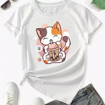 Футболка с круглым вырезом и принтом аниме Cat Bubble Tea, кавайный топ с короткими рукавами для весны и лета, женская одежда S