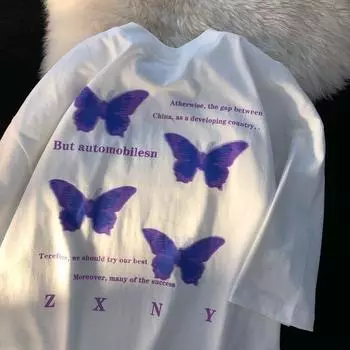 Футболка с круглым вырезом и принтом бабочки для мужчин и женщин, летняя модная тенденция в стиле ретро, повседневный удобный топ с короткими рукавами для пар, Harajuku S чёрный