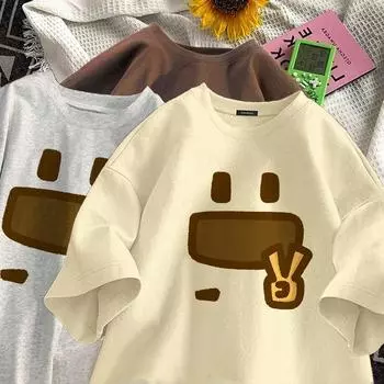 Футболка с круглым вырезом и принтом Big Expression Yeah для мужчин и женщин в стиле ретро, летняя модная тенденция, повседневный милый, удобный топ с короткими рукавами для пар, Harajuku S бежевый