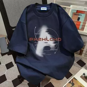 Футболка с круглым вырезом и принтом буквы А для мужчин и женщин из чистого хлопка, летний модный тренд, повседневный удобный топ с коротким рукавом для пары, уличная одежда в стиле Харадзюку S темно-синий