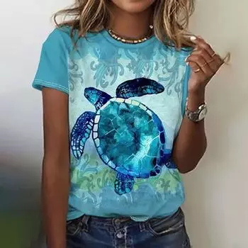 Футболка с круглым вырезом и принтом черепахи. Повседневная футболка с коротким рукавом. Женская одежда на весну и лето. S