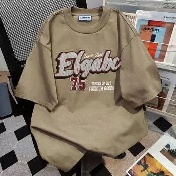 Футболка с круглым вырезом и принтом цифр и букв для мужчин и женщин, чистый хлопок, летняя модная тенденция, повседневный удобный топ с короткими рукавами для пар, Harajuku S хаки