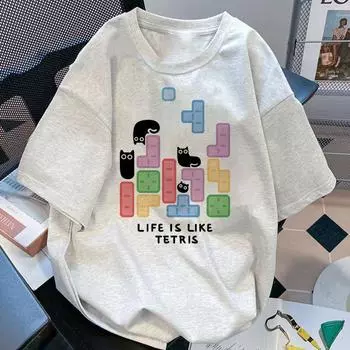 Футболка с круглым вырезом и принтом Cute Kitten Tetris для мужчин и женщин, летняя модная тенденция в стиле ретро, повседневная удобная футболка из чистого хлопка для пар, топ с короткими рукавами Harajuku S белый