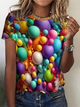 Футболка с круглым вырезом и принтом «Цветные камни», повседневный топ с коротким рукавом на весну и лето, женская одежда S