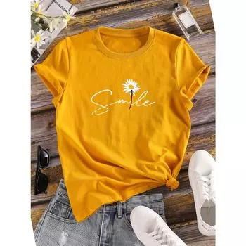 Футболка с круглым вырезом и принтом «Цветы и буквы», повседневная футболка с коротким рукавом для весны и лета, женская одежда S