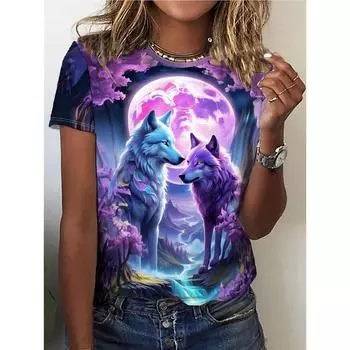 Футболка с круглым вырезом и принтом «Два волка», повседневный топ с коротким рукавом для весны и лета, женская одежда S