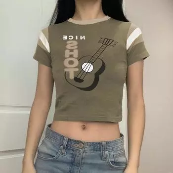 Футболка с круглым вырезом и принтом гитары Y2K, короткая, повседневная, индивидуальная, острая, для девушек, укороченный топ S зелёный