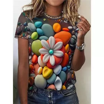 Футболка с круглым вырезом и принтом «Камни и цветы», повседневный топ с коротким рукавом для весны и лета, женская одежда S