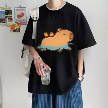 Футболка с круглым вырезом и принтом капибары, мужские рубашки с принтом в виде букв, топ с короткими рукавами и принтом капибары для путешествий L-White A
