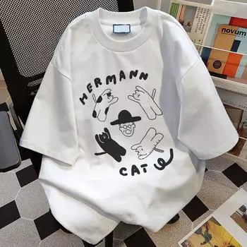 Футболка с круглым вырезом и принтом кошек для мужчин и женщин в стиле ретро, летняя модная тенденция, повседневная удобная футболка из чистого хлопка для пар, топ с короткими рукавами Harajuku M белый