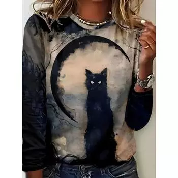 Футболка с круглым вырезом и принтом кота, повседневный топ с длинным рукавом на весну и осень, женская одежда S