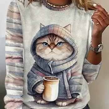 Футболка с круглым вырезом и принтом кота, повседневный топ с длинными рукавами и очаровательным дизайном, идеально подходит для повседневной женской одежды на весну и осень S