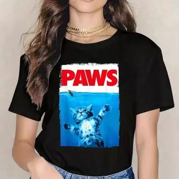 Футболка с круглым вырезом и принтом кота, повседневный топ с коротким рукавом для весны и лета, женская футболка S