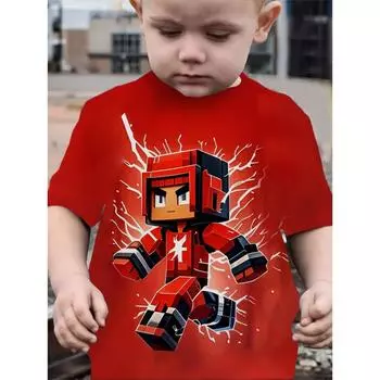 Футболка с круглым вырезом и принтом «Красная молния» для мальчиков, полиэстер, короткий рукав, слегка эластичный летний повседневный топ — стандартный размер 100CM