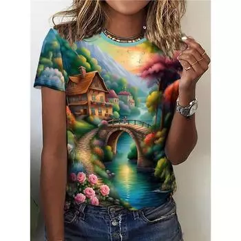 Футболка с круглым вырезом и принтом «ландшафт», повседневный топ с круглым вырезом и короткими рукавами на весну и лето, женская одежда S