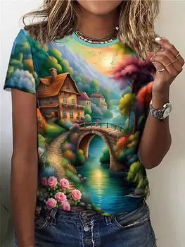 Футболка с круглым вырезом и принтом «ландшафт», повседневный топ с круглым вырезом и короткими рукавами на весну и лето, женская одежда S