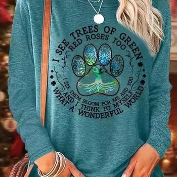 Футболка с круглым вырезом и принтом «Лапы и буквы», повседневная футболка с длинным рукавом для весны и осени, женская S