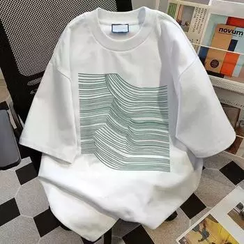 Футболка с круглым вырезом и принтом Line Mountain для мужчин и женщин из чистого хлопка Чувство дизайна Летняя модная тенденция Повседневный удобный топ с короткими рукавами для пар Harajuku S белый