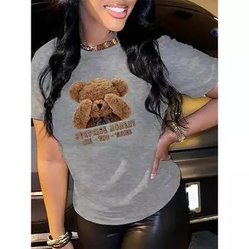 Футболка с круглым вырезом и принтом медведя из хлопка для женщин - повседневная футболка с коротким рукавом для весны и лета S