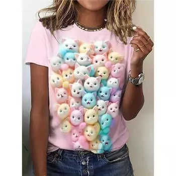 Футболка с круглым вырезом и принтом «Многие кошки», повседневный топ с коротким рукавом на весну и лето, женская одежда S