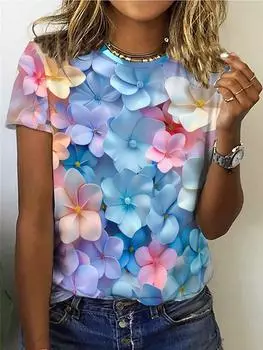 Футболка с круглым вырезом и принтом «Много цветов», повседневный топ с коротким рукавом для весны и лета, женская одежда S