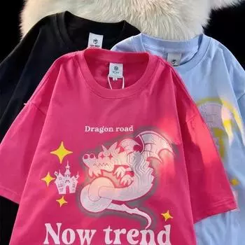 Футболка с круглым вырезом и принтом мультяшного дракона для мужчин и женщин из чистого хлопка в стиле ретро, летний модный тренд, повседневный удобный топ с коротким рукавом для пары в стиле Харадзюку S синий