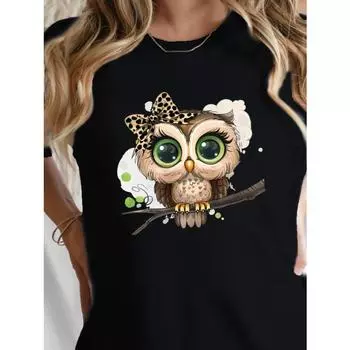 Футболка с круглым вырезом и принтом мультяшной совы, повседневный топ с коротким рукавом для весны и лета, женская одежда S