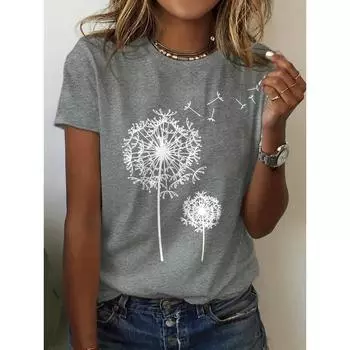 Футболка с круглым вырезом и принтом одуванчика, повседневный топ с коротким рукавом для весны и лета, женская одежда XS