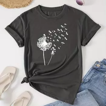 Футболка с круглым вырезом и принтом одуванчика, повседневная футболка с короткими рукавами на весну и лето, женская одежда S