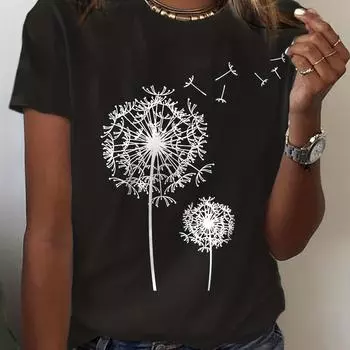 Футболка с круглым вырезом и принтом одуванчика, повседневный топ с коротким рукавом для весны и лета, женская одежда S