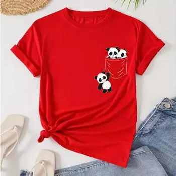 Футболка с круглым вырезом и принтом панды. Повседневная футболка с коротким рукавом. Женская одежда на весну и лето. XS розовый