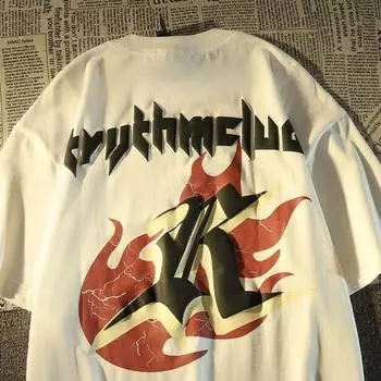 Футболка с круглым вырезом и принтом пламени букв для мужчин и женщин, чистый хлопок, летняя модная тенденция, повседневный удобный топ с короткими рукавами для пар, Harajuku S белый