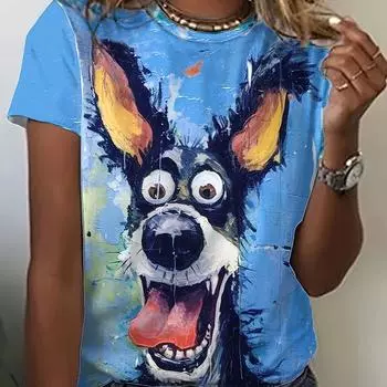 Футболка с круглым вырезом и принтом яркой собаки, дышащий повседневный топ с коротким рукавом для женской одежды на весну и лето S