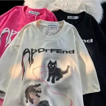 Футболка с круглым вырезом и принтом «Ребенок в хип-хопе и его черный кот» для мужчин и женщин из чистого хлопка, летняя мода, повседневная, удобная, для пар, с коротким рукавом, уличная одежда M чёрный