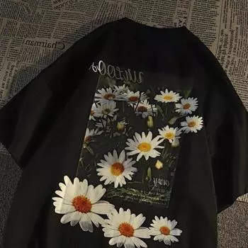 Футболка с круглым вырезом и принтом ромашки для мужчин и женщин, уличная одежда в стиле ретро, летняя модная тенденция, повседневный удобный топ с короткими рукавами для пар, Harajuku S белый