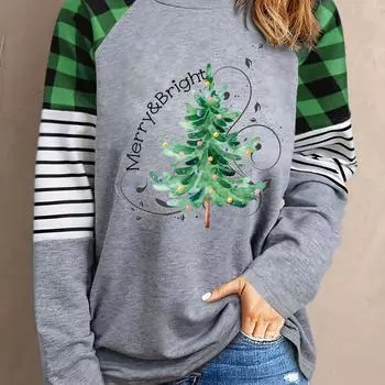 Футболка с круглым вырезом и принтом «Рождественская елка», повседневный топ с длинными рукавами на весну и осень, женская одежда S