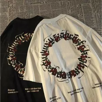 Футболка с круглым вырезом и принтом розовой готики для мужчин и женщин, стиль Roter, летняя модная тенденция, повседневная уличная одежда, топ с короткими рукавами для пар, Harajuku S чёрный