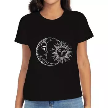 Футболка с круглым вырезом и принтом «Солнце и Луна», повседневный топ с коротким рукавом для весны и лета, женские футболки M чёрный
