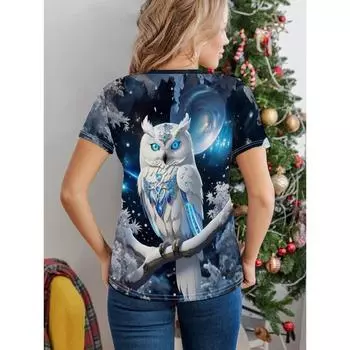 Футболка с круглым вырезом и принтом совы, повседневный топ с коротким рукавом для весны и лета, женская одежда S