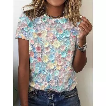 Футболка с круглым вырезом и принтом «Свежие и ароматные цветы», повседневный топ с коротким рукавом для весны и лета, женская одежда S