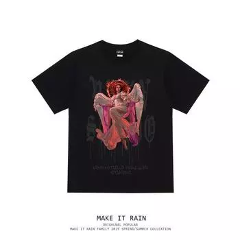 Футболка с круглым вырезом и принтом «Святой ангел и буквы» для мужчин и женщин, летняя модная тенденция в стиле ретро, повседневная уличная одежда, удобный топ с короткими рукавами для пар S белый