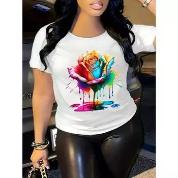 Футболка с круглым вырезом и принтом в виде разноцветных роз, модная повседневная спортивная футболка с коротким рукавом, женская одежда S белый