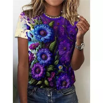 Футболка с круглым вырезом и принтом в виде фиолетового цветка, повседневный топ с коротким рукавом для весны и лета, женская одежда S