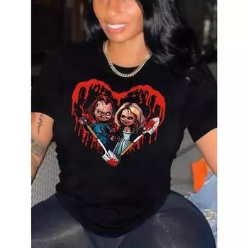 Футболка с круглым вырезом и принтом в виде сердца и графики, повседневный летний топ с коротким рукавом, женская одежда S