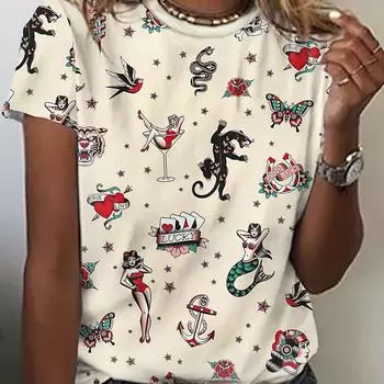 Футболка с круглым вырезом и принтом в виде мультфильма, повседневная футболка с коротким рукавом для весны и лета, женская одежда S