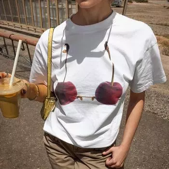 Футболка с круглым вырезом и принтом вишни, женская, летняя, хлопковая, дышащая, укороченный топ с короткими рукавами, весенние простые футболки, уличная одежда S белый