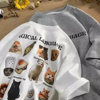 Футболка с круглым вырезом и принтом забавного кота Emoji для мужчин и женщин в стиле ретро, летняя модная тенденция, повседневный свободный удобный топ с короткими рукавами для пар, Harajuku S белый